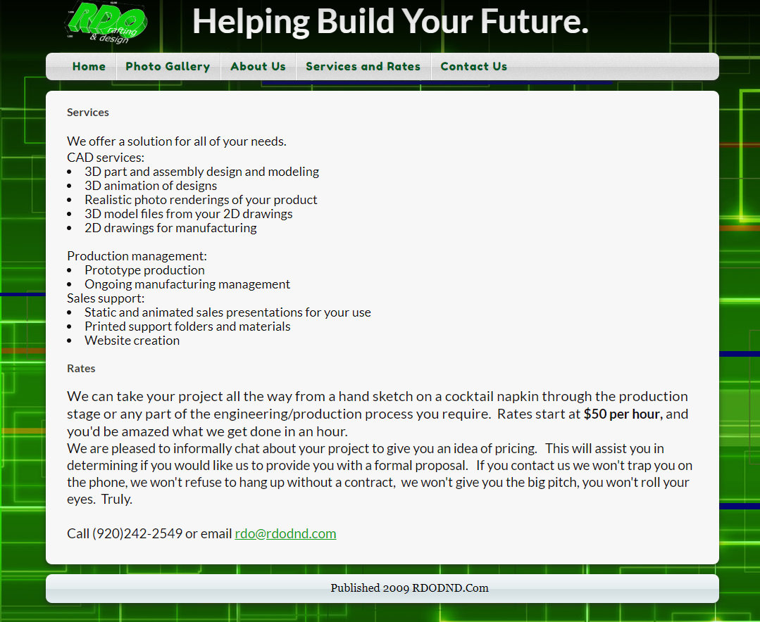Services and Rates page of previous RDO Drafting & Design Website